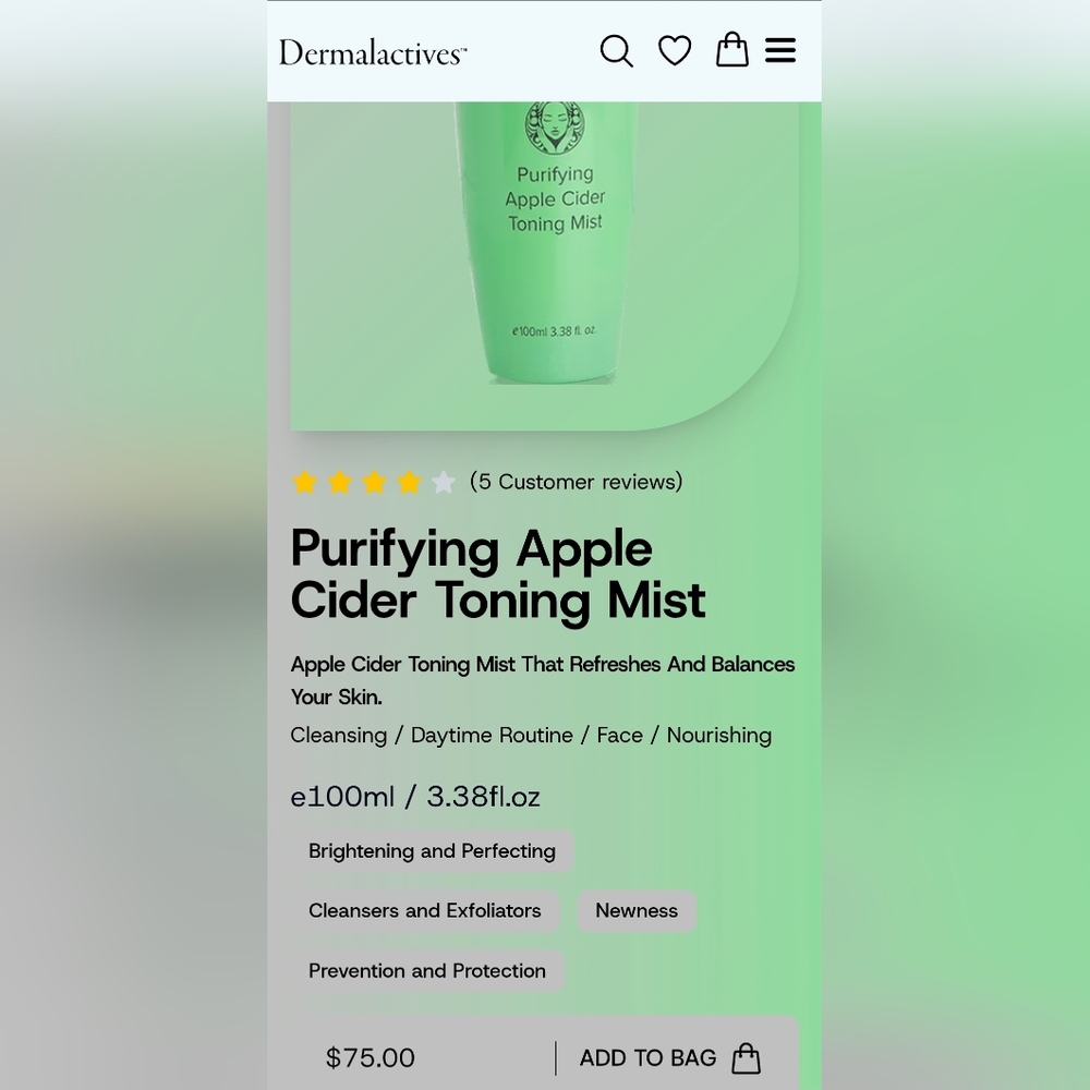 Dermalactives Purifying Apple Cider Toning Mist - 100ml NEW
